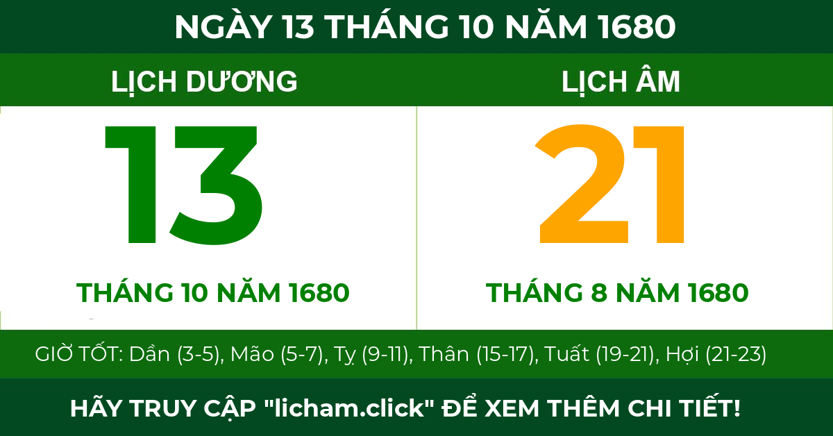 lịch âm ngày 13 tháng 10 năm 1680