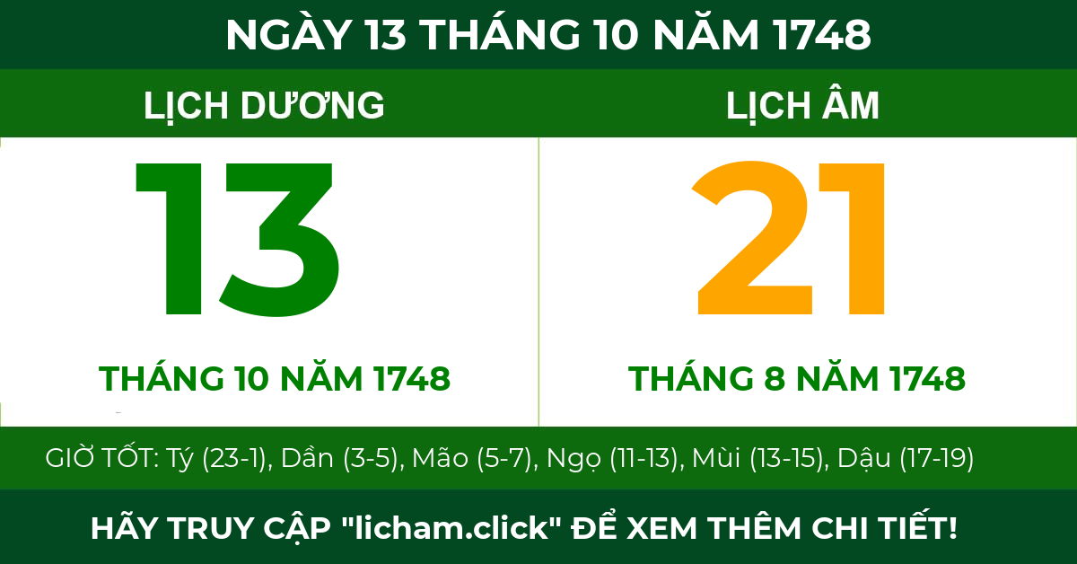 lịch âm ngày 13 tháng 10 năm 1748