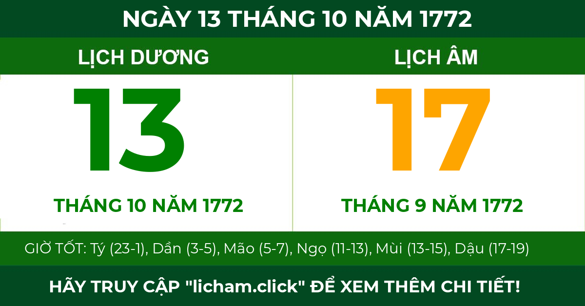 lịch âm ngày 13 tháng 10 năm 1772