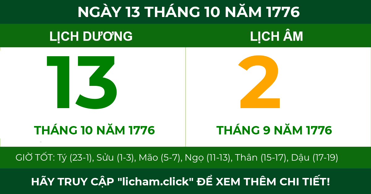 lịch âm ngày 13 tháng 10 năm 1776