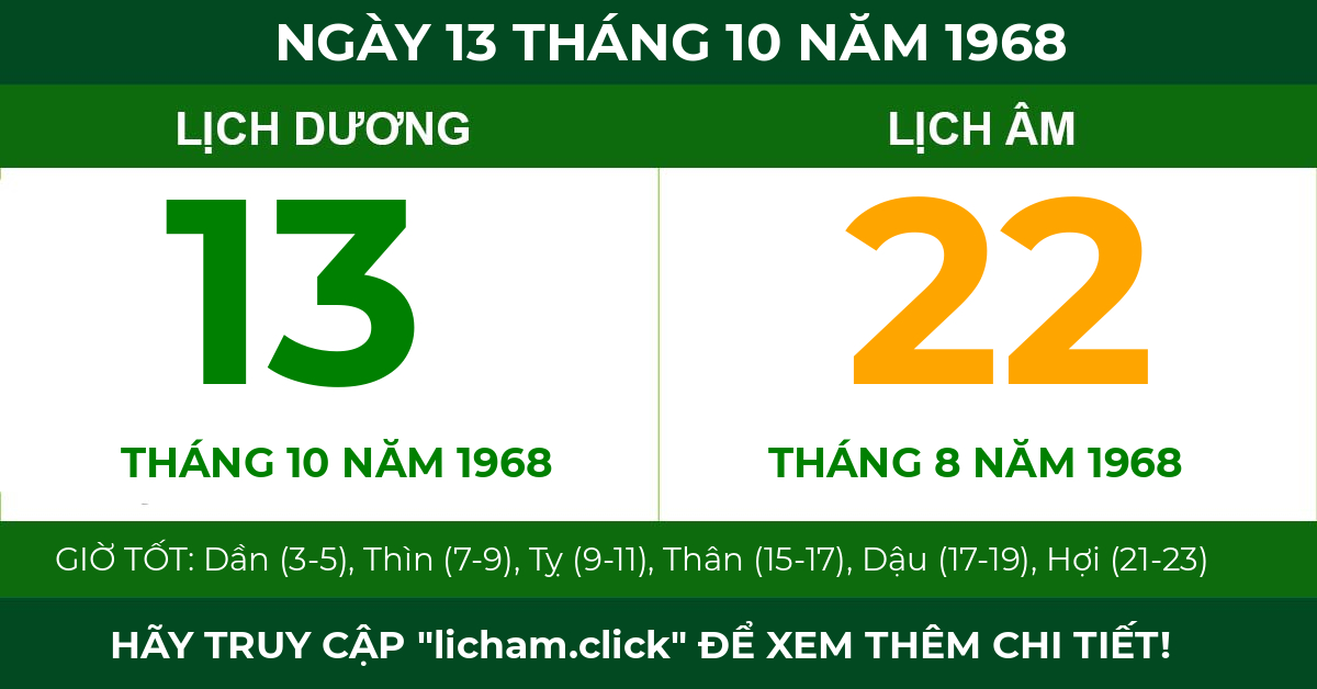 lịch âm ngày 13 tháng 10 năm 1968