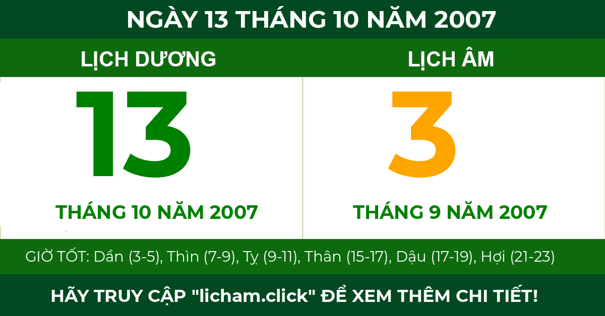 lịch âm ngày 13 tháng 10 năm 2007