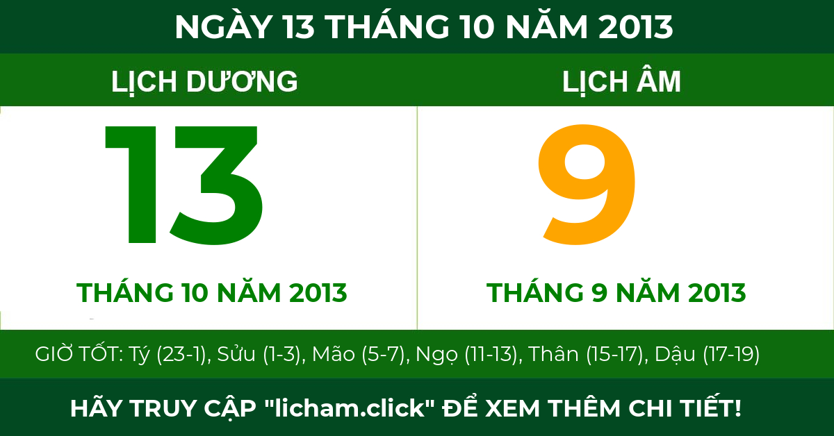 lịch âm ngày 13 tháng 10 năm 2013