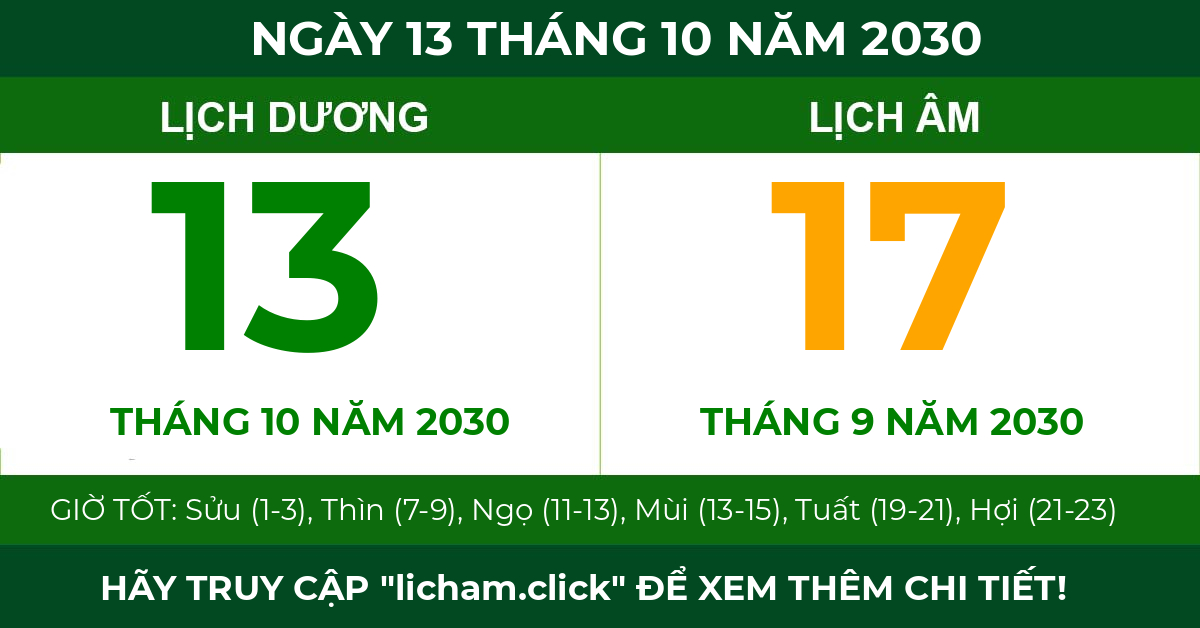 lịch âm ngày 13 tháng 10 năm 2030