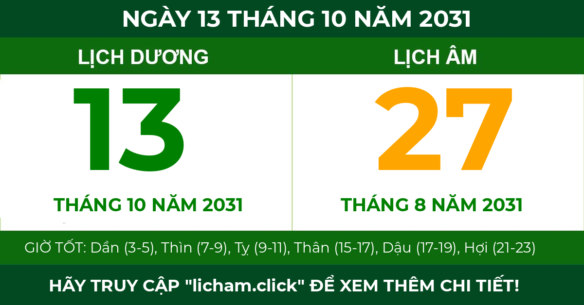 lịch âm ngày 13 tháng 10 năm 2031