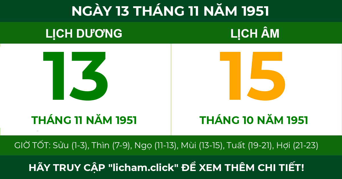 lịch âm ngày 13 tháng 11 năm 1951