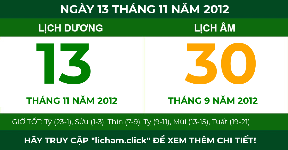 lịch âm ngày 13 tháng 11 năm 2012