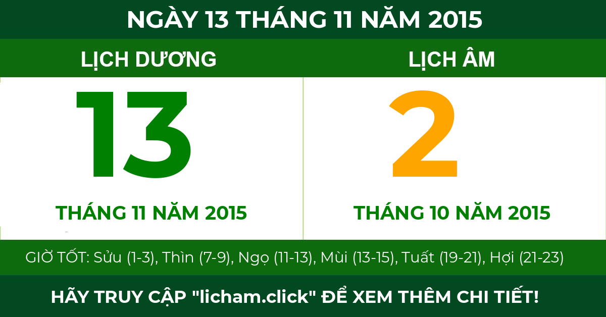 lịch âm ngày 13 tháng 11 năm 2015