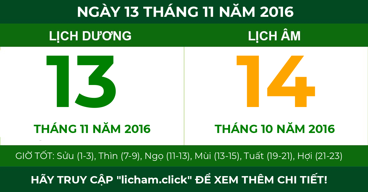 lịch âm ngày 13 tháng 11 năm 2016