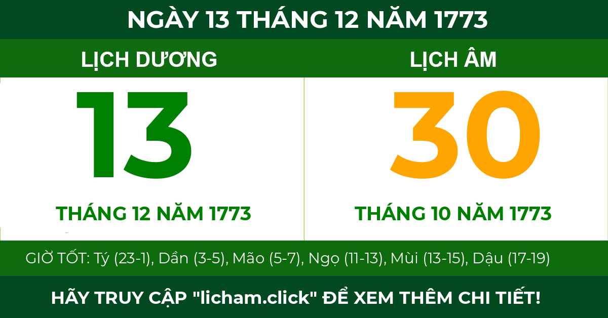lịch âm ngày 13 tháng 12 năm 1773
