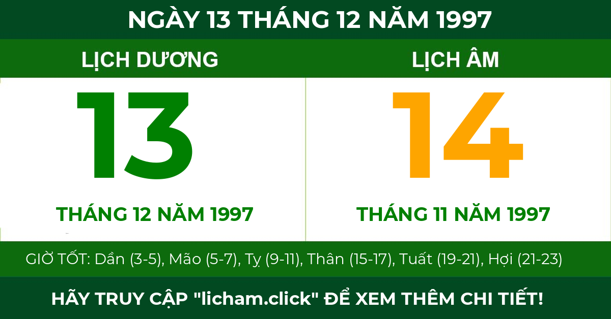 lịch âm ngày 13 tháng 12 năm 1997