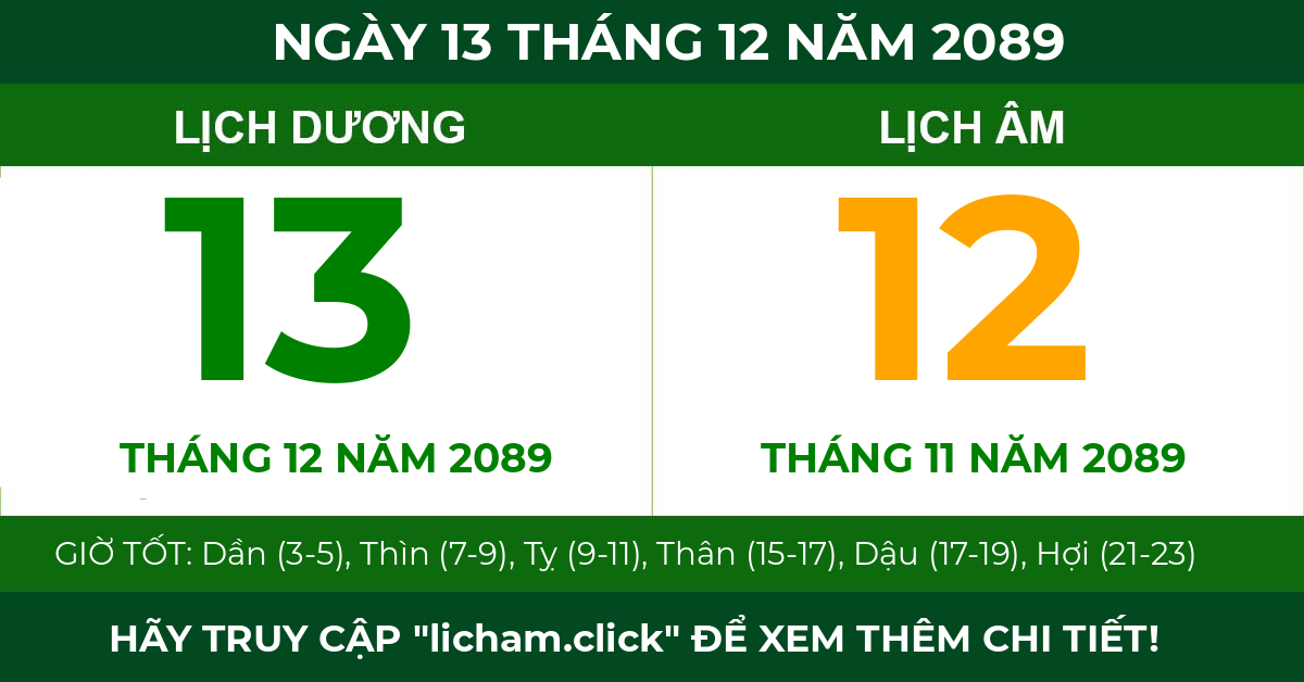lịch âm ngày 13 tháng 12 năm 2089