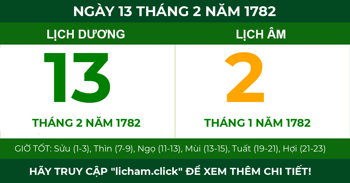 lịch âm ngày 13 tháng 2 năm 1782