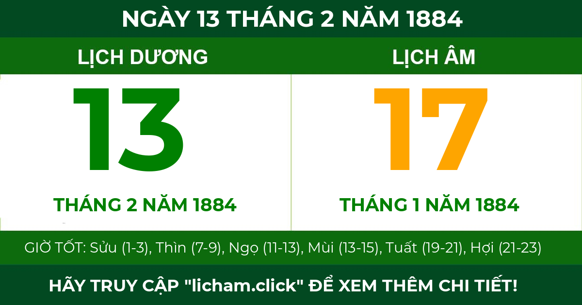 lịch âm ngày 13 tháng 2 năm 1884