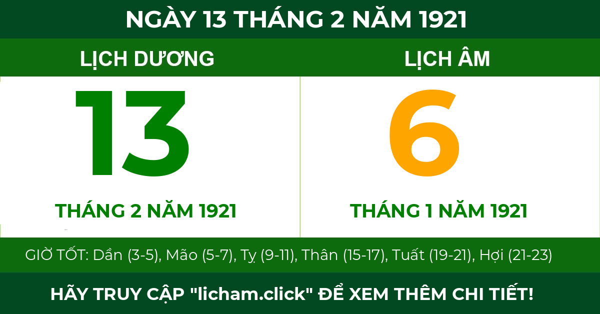 lịch âm ngày 13 tháng 2 năm 1921