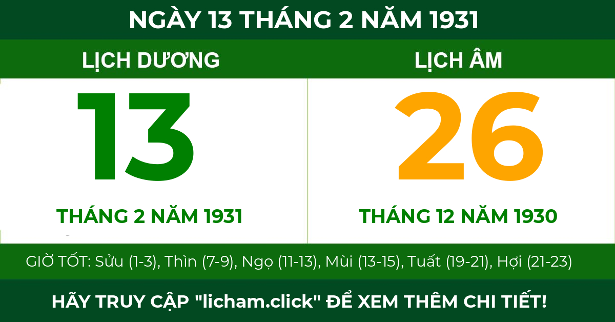 lịch âm ngày 13 tháng 2 năm 1931