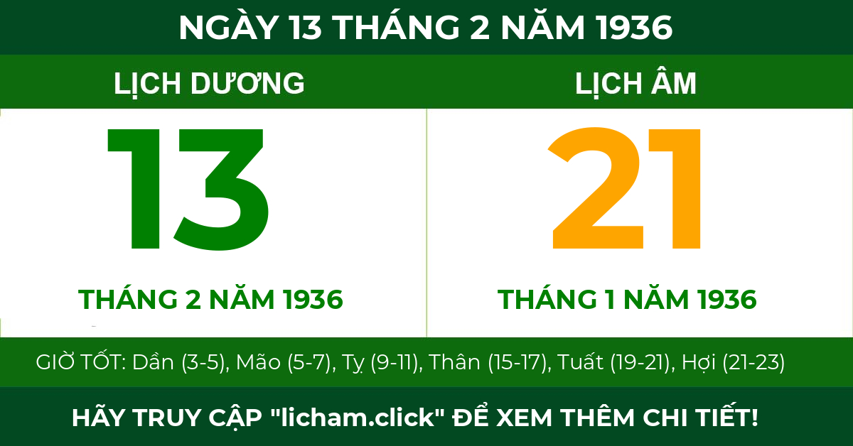 lịch âm ngày 13 tháng 2 năm 1936