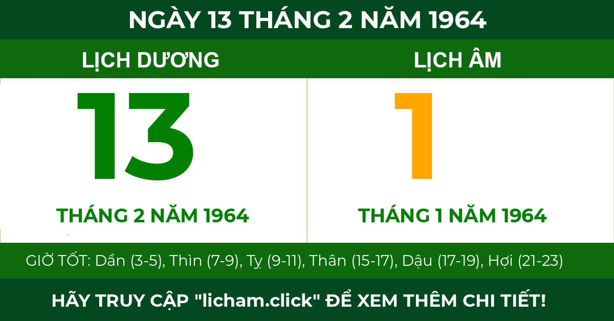 lịch âm ngày 13 tháng 2 năm 1964