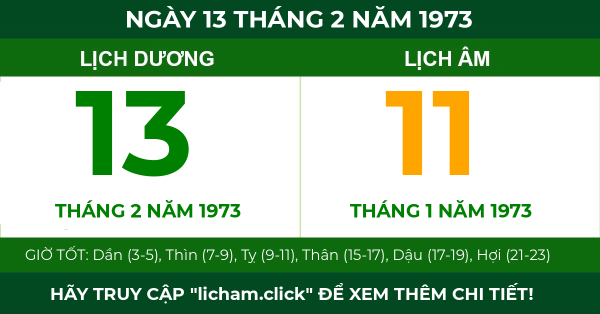 lịch âm ngày 13 tháng 2 năm 1973