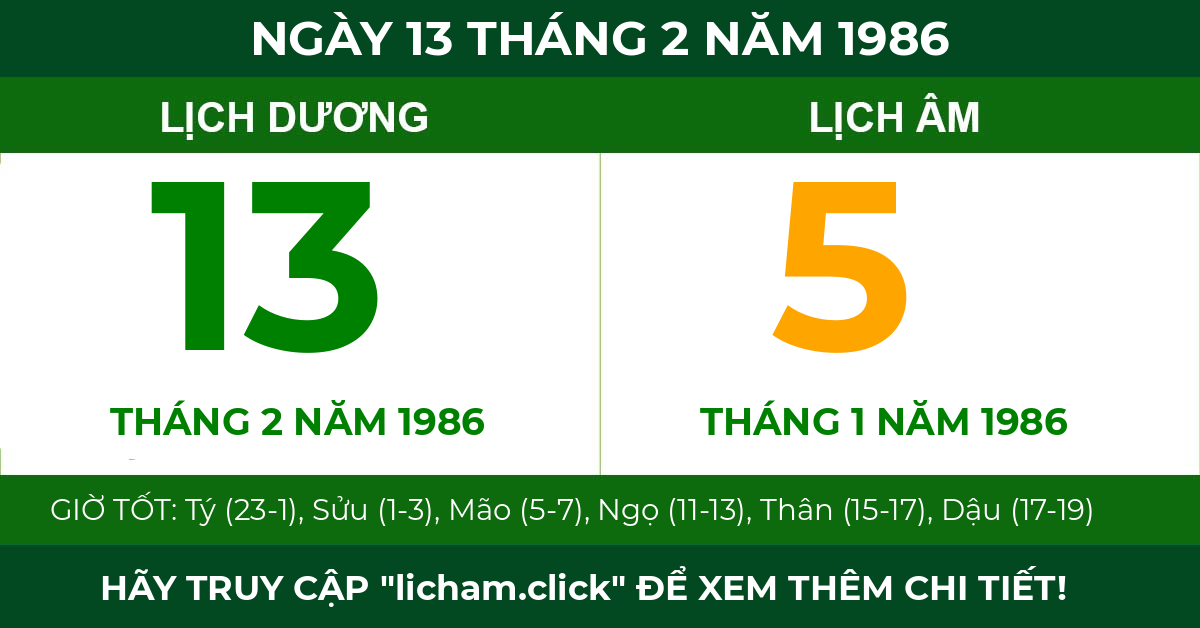 lịch âm ngày 13 tháng 2 năm 1986