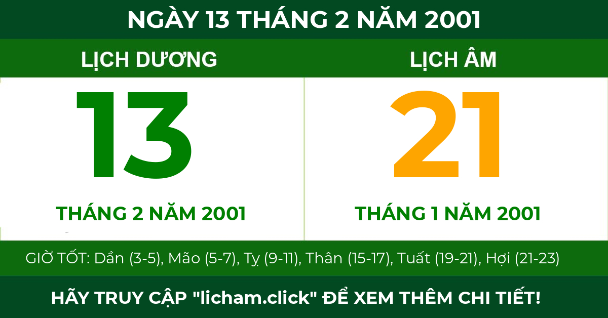 lịch âm ngày 13 tháng 2 năm 2001