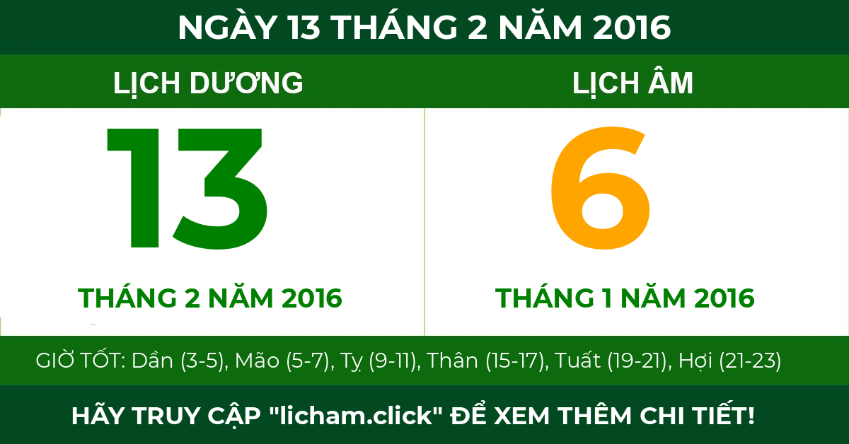 lịch âm ngày 13 tháng 2 năm 2016