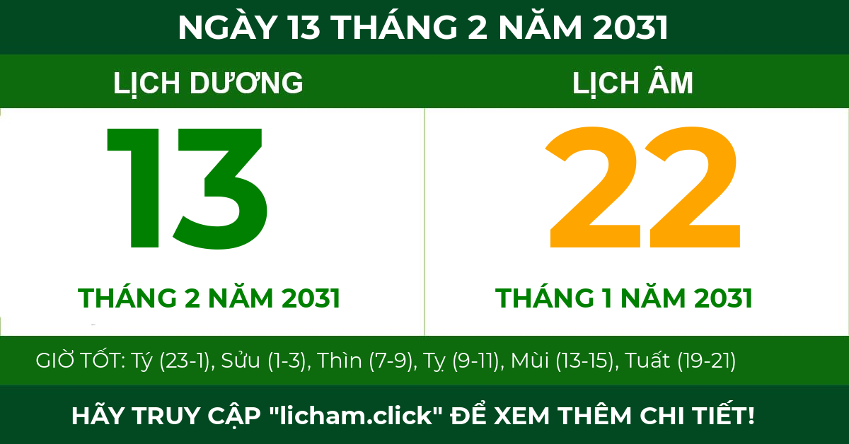 lịch âm ngày 13 tháng 2 năm 2031