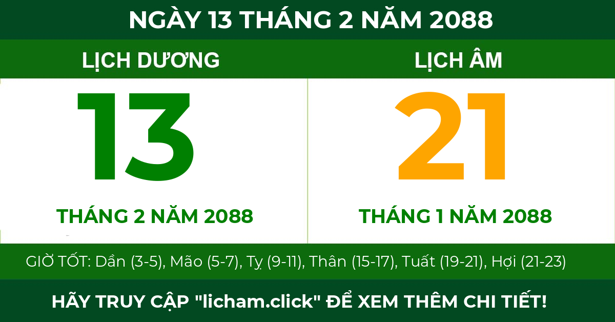 lịch âm ngày 13 tháng 2 năm 2088