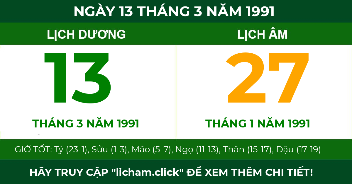 lịch âm ngày 13 tháng 3 năm 1991