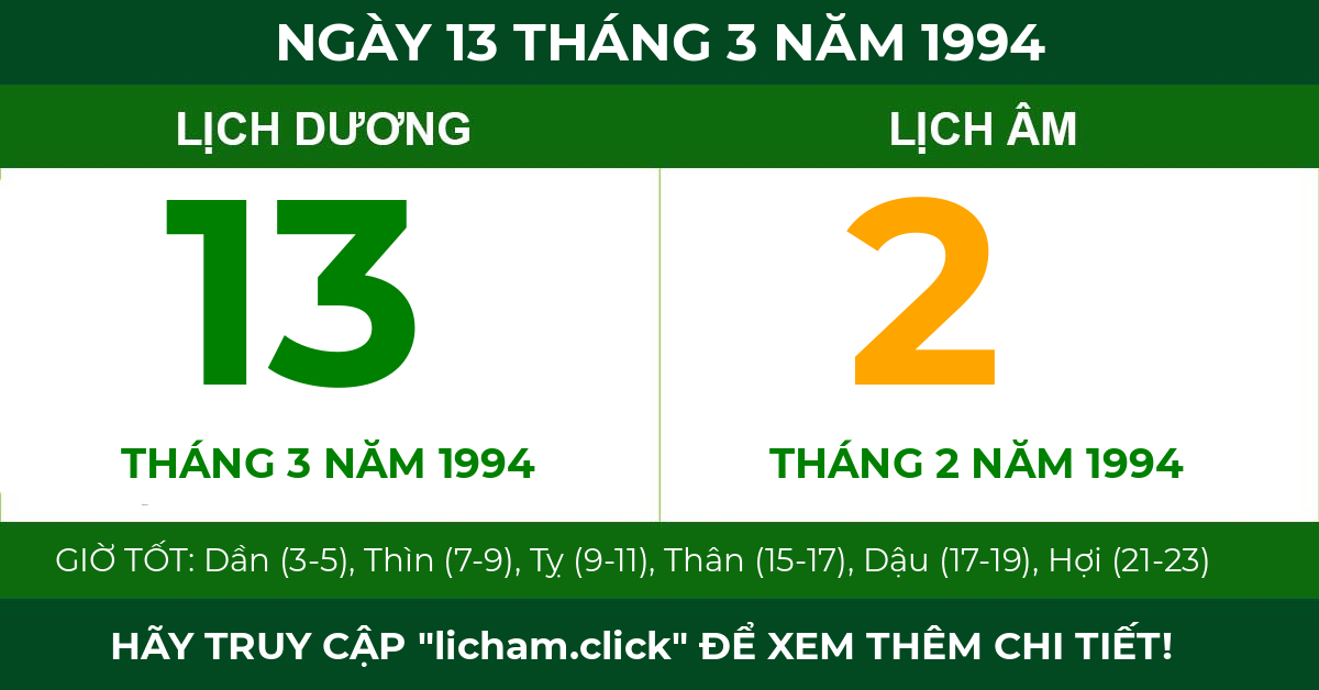 lịch âm ngày 13 tháng 3 năm 1994