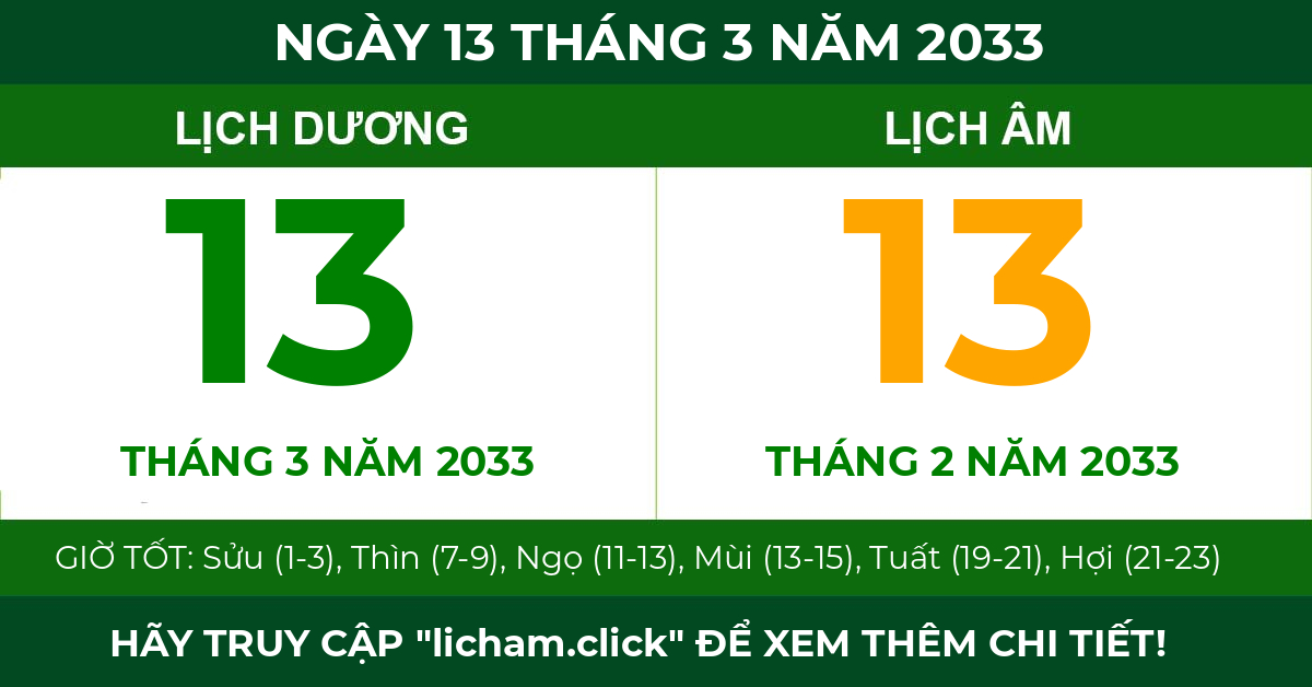 lịch âm ngày 13 tháng 3 năm 2033