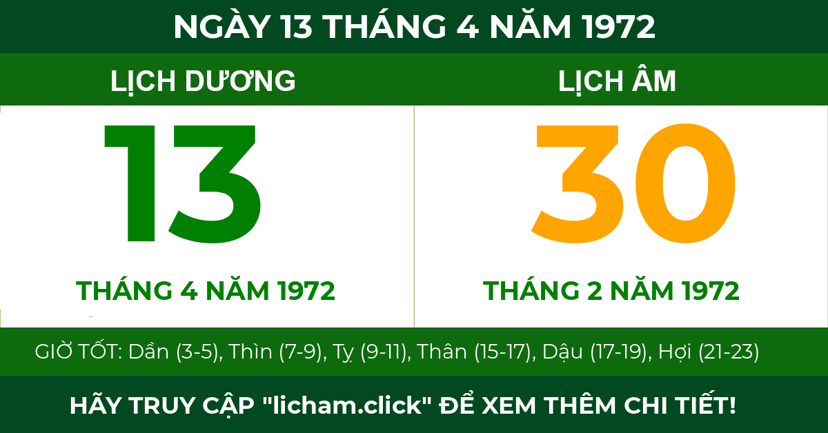 lịch âm ngày 13 tháng 4 năm 1972