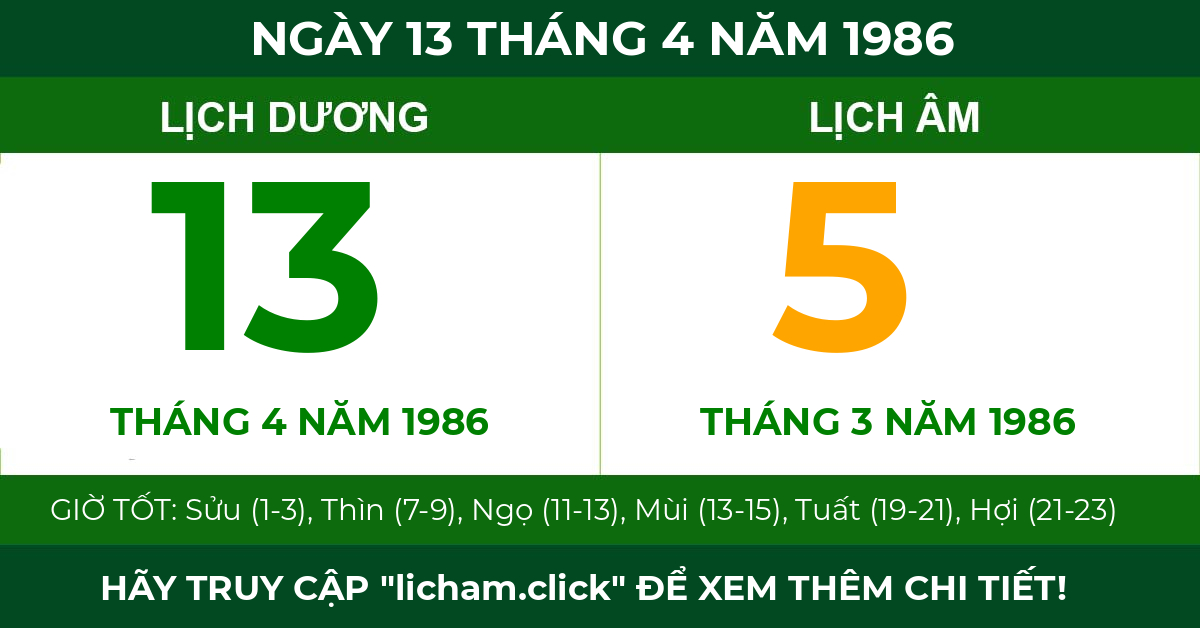 lịch âm ngày 13 tháng 4 năm 1986
