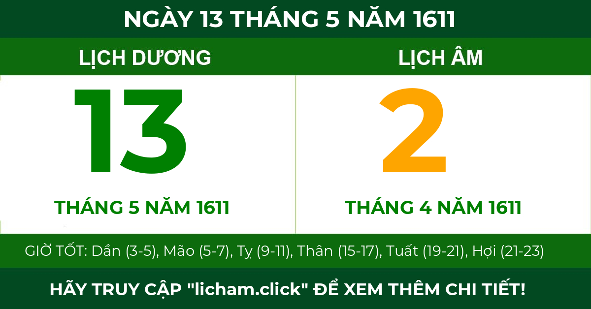 lịch âm ngày 13 tháng 5 năm 1611