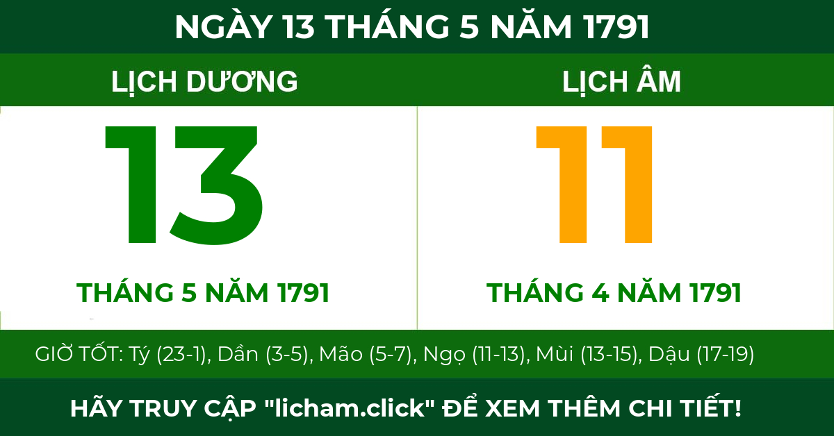 lịch âm ngày 13 tháng 5 năm 1791