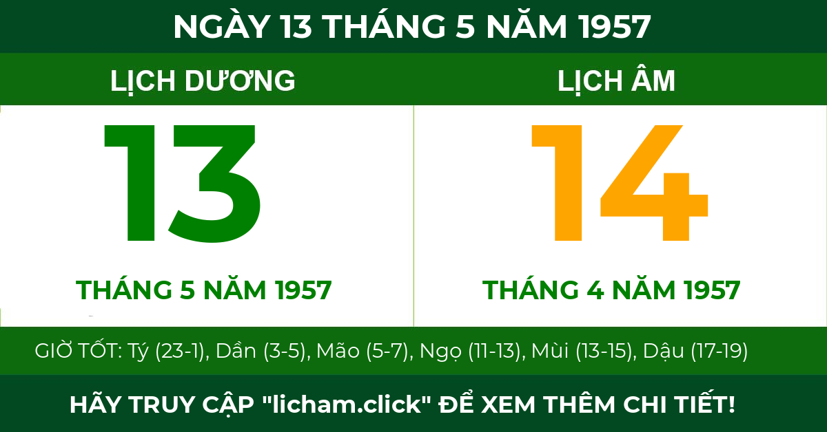 lịch âm ngày 13 tháng 5 năm 1957