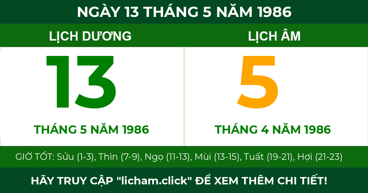 lịch âm ngày 13 tháng 5 năm 1986