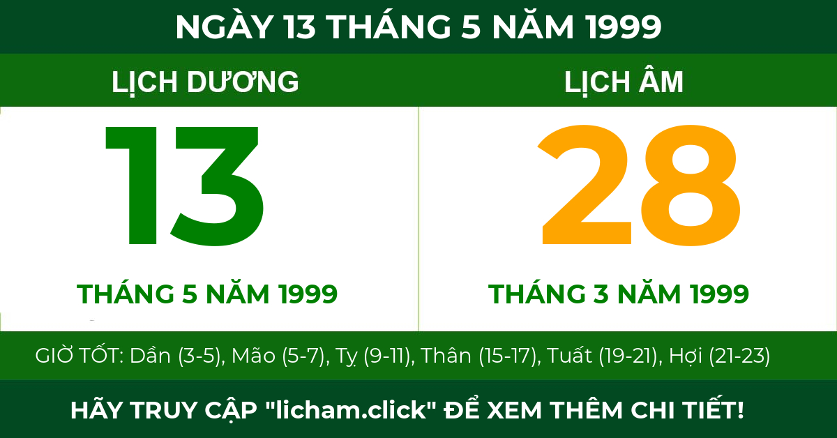 lịch âm ngày 13 tháng 5 năm 1999