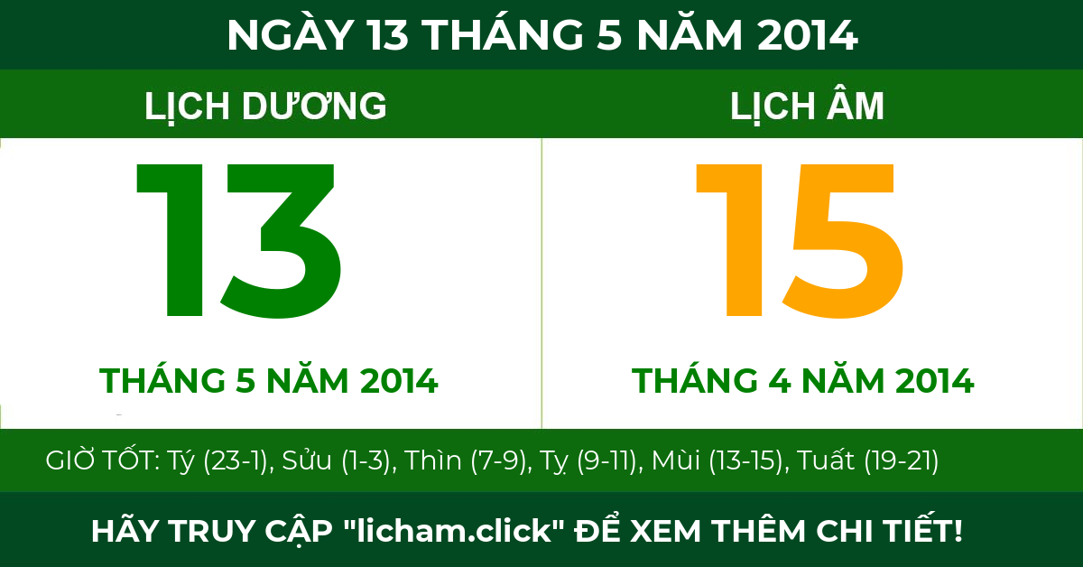 lịch âm ngày 13 tháng 5 năm 2014