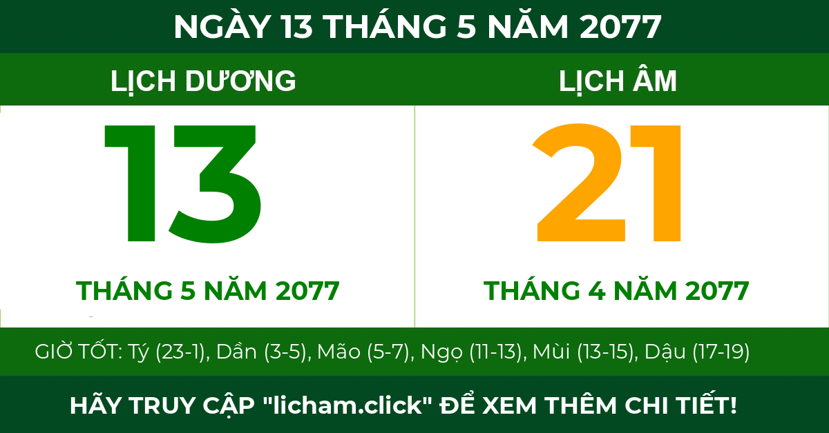 lịch âm ngày 13 tháng 5 năm 2077