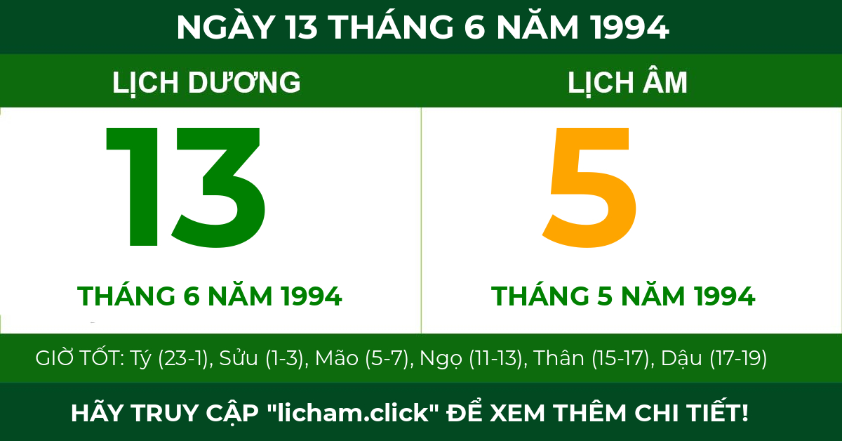 lịch âm ngày 13 tháng 6 năm 1994