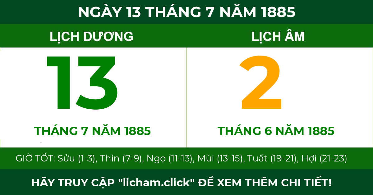 lịch âm ngày 13 tháng 7 năm 1885