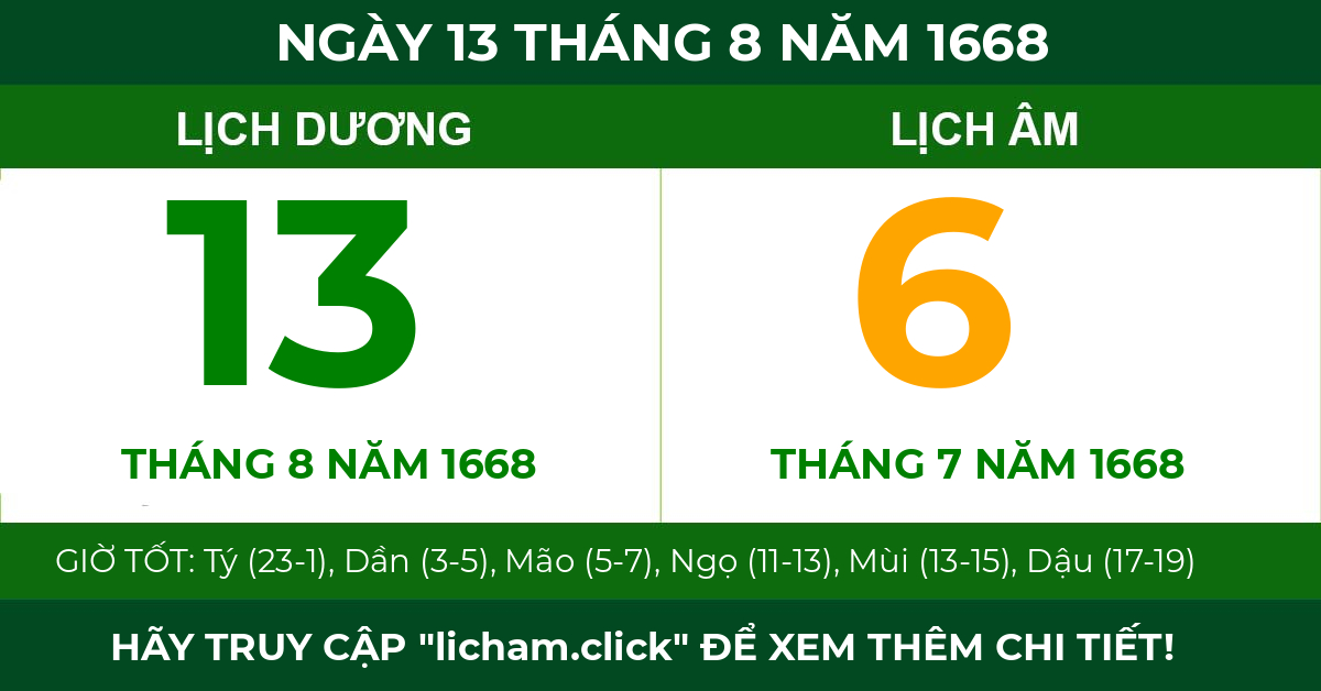 lịch âm ngày 13 tháng 8 năm 1668