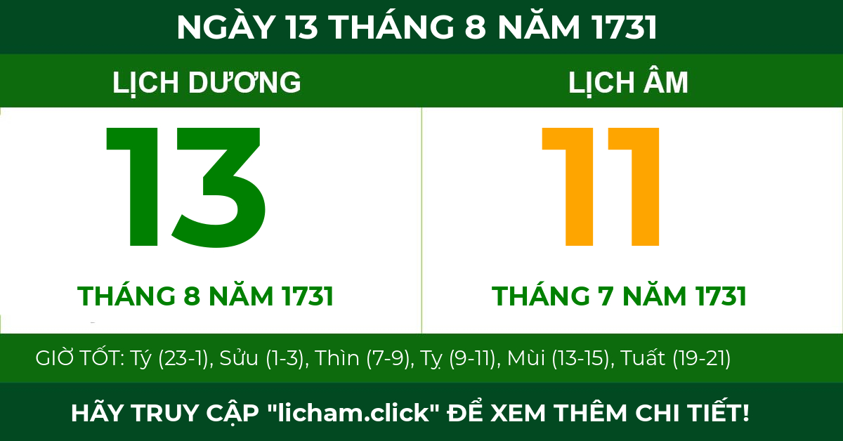 lịch âm ngày 13 tháng 8 năm 1731