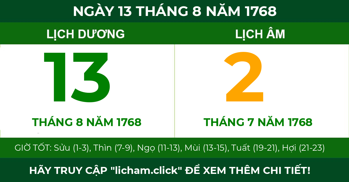 lịch âm ngày 13 tháng 8 năm 1768
