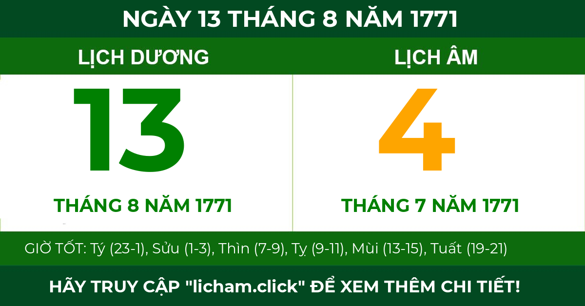 lịch âm ngày 13 tháng 8 năm 1771