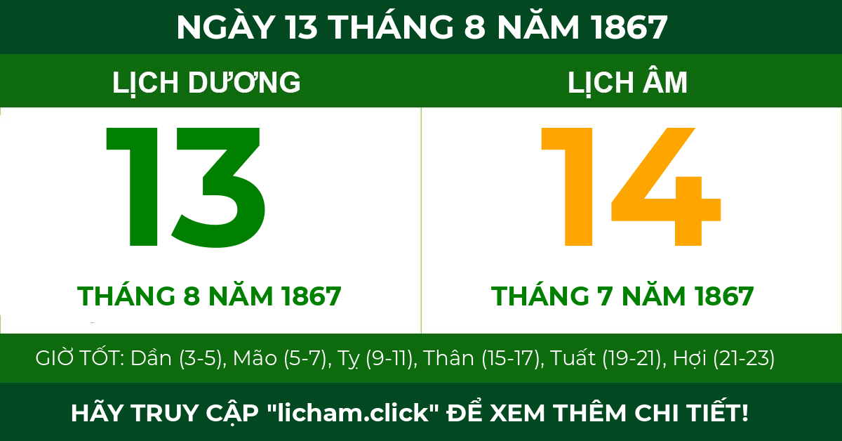 lịch âm ngày 13 tháng 8 năm 1867