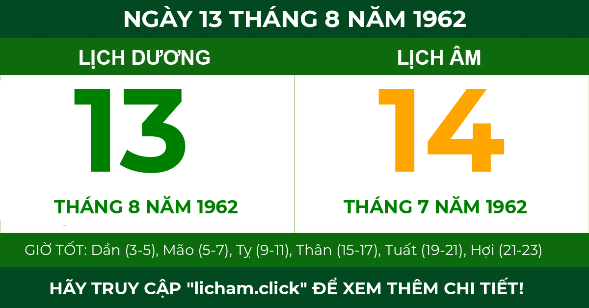 lịch âm ngày 13 tháng 8 năm 1962