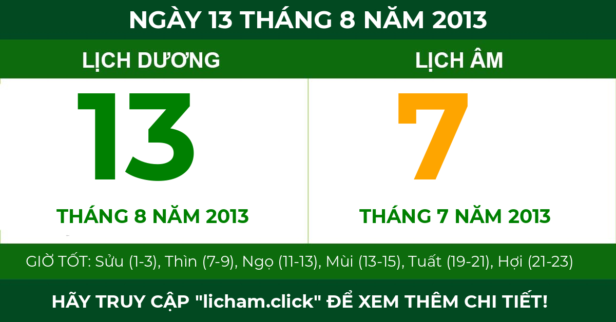 lịch âm ngày 13 tháng 8 năm 2013