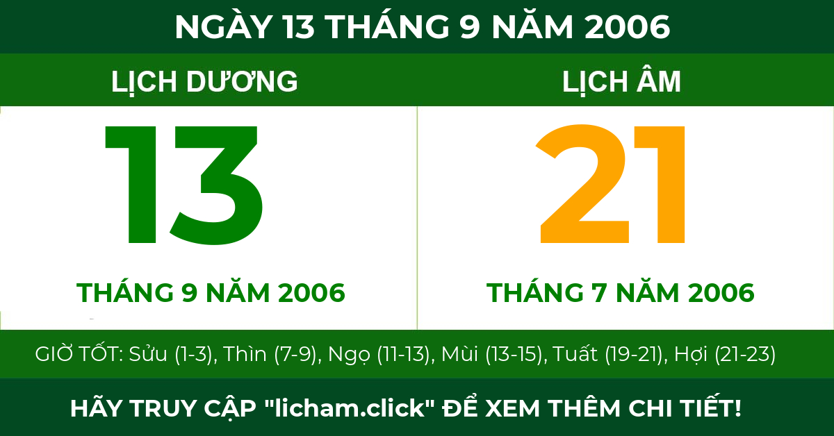 lịch âm ngày 13 tháng 9 năm 2006